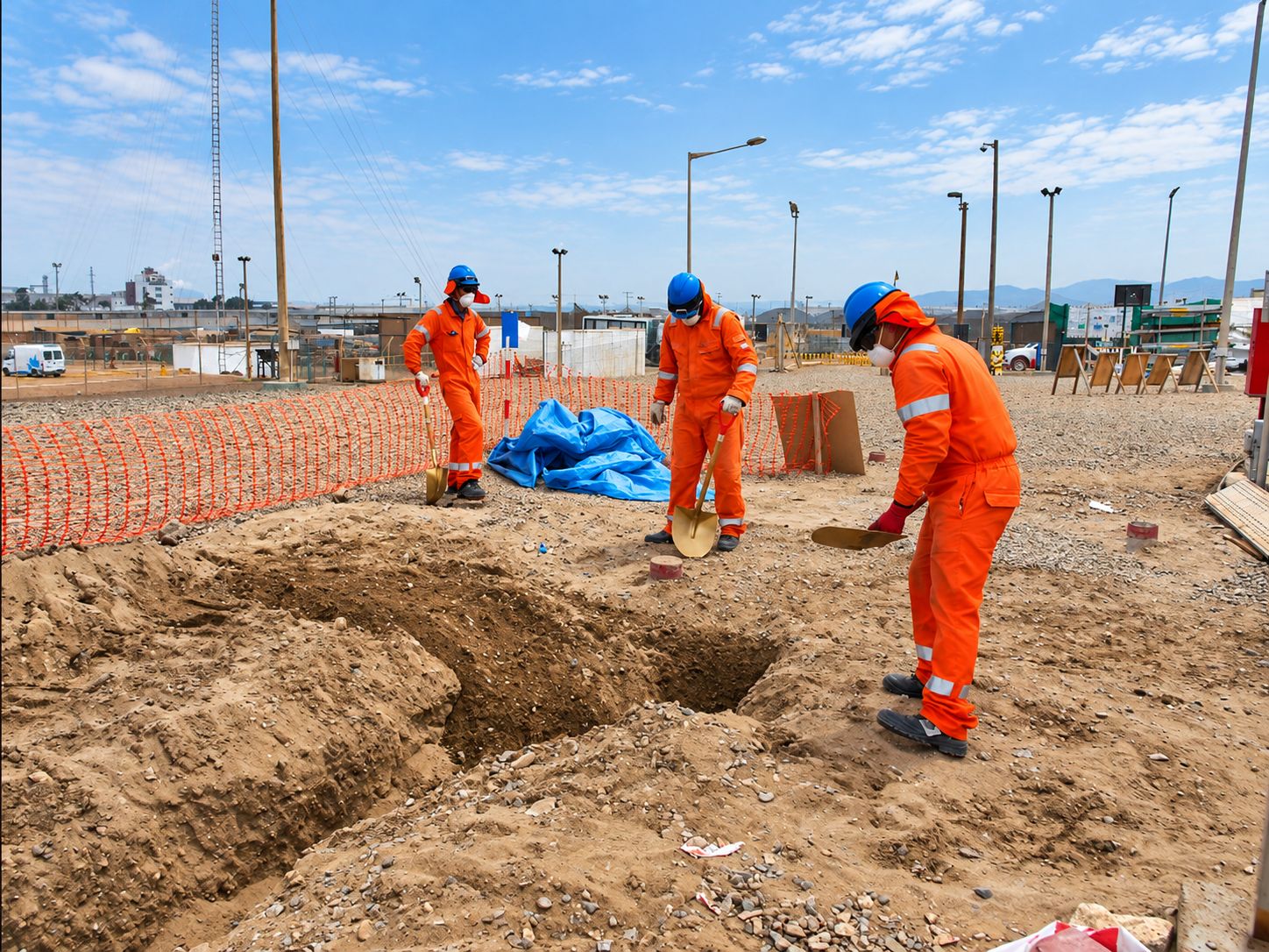 Tres trabajadores con mameluco naranja, casco y mascarilla excavando con pala en un terreno abierto.