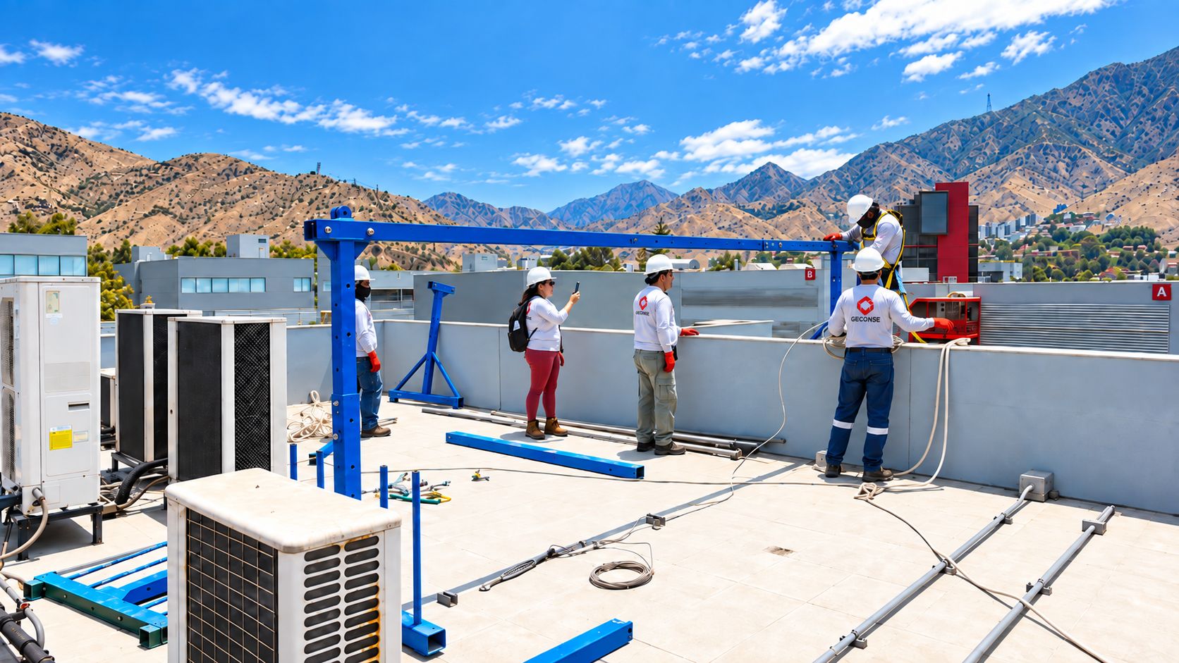 Equipo con casco y ropa de GECONSE instalando una estructura metálica azul en la azotea de un edificio, con cerros al fondo.