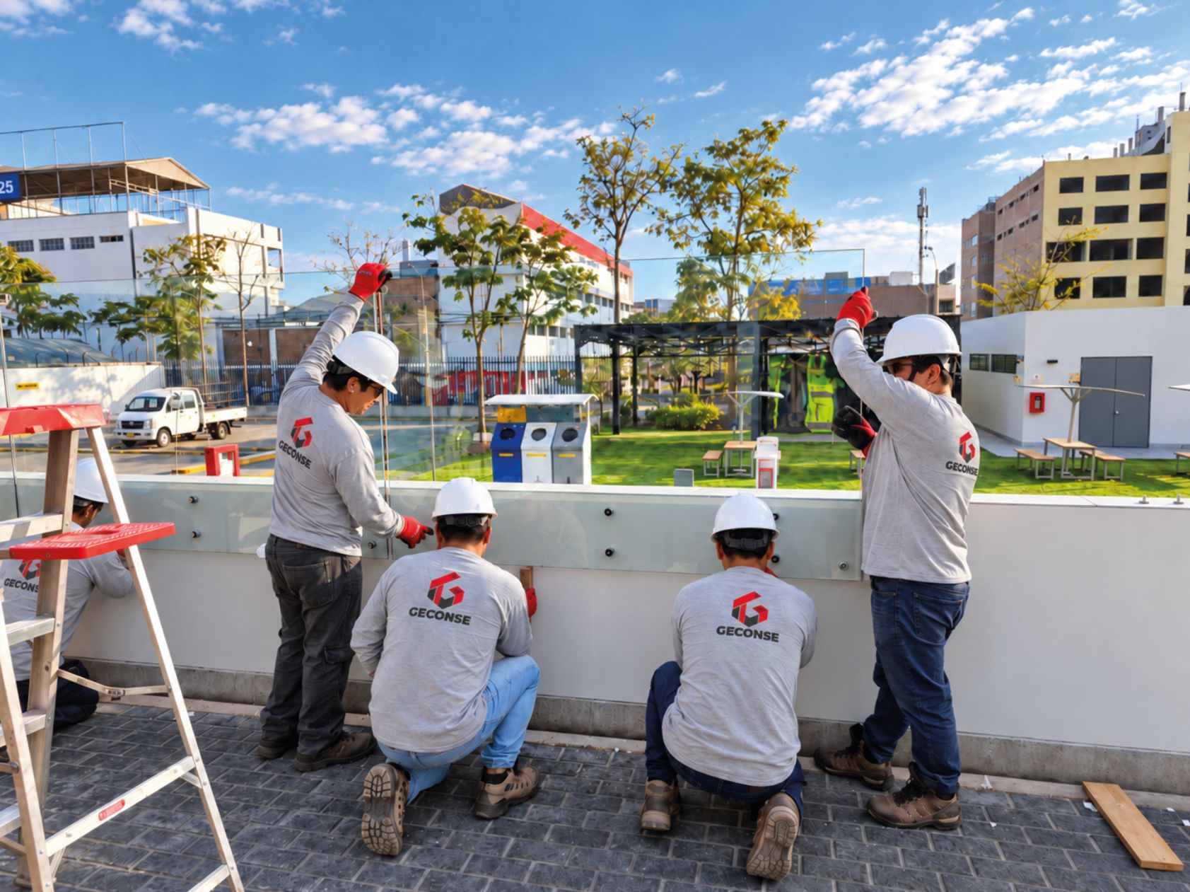 Equipo con casco y camiseta de GECONSE instalando paneles de vidrio sobre un muro.