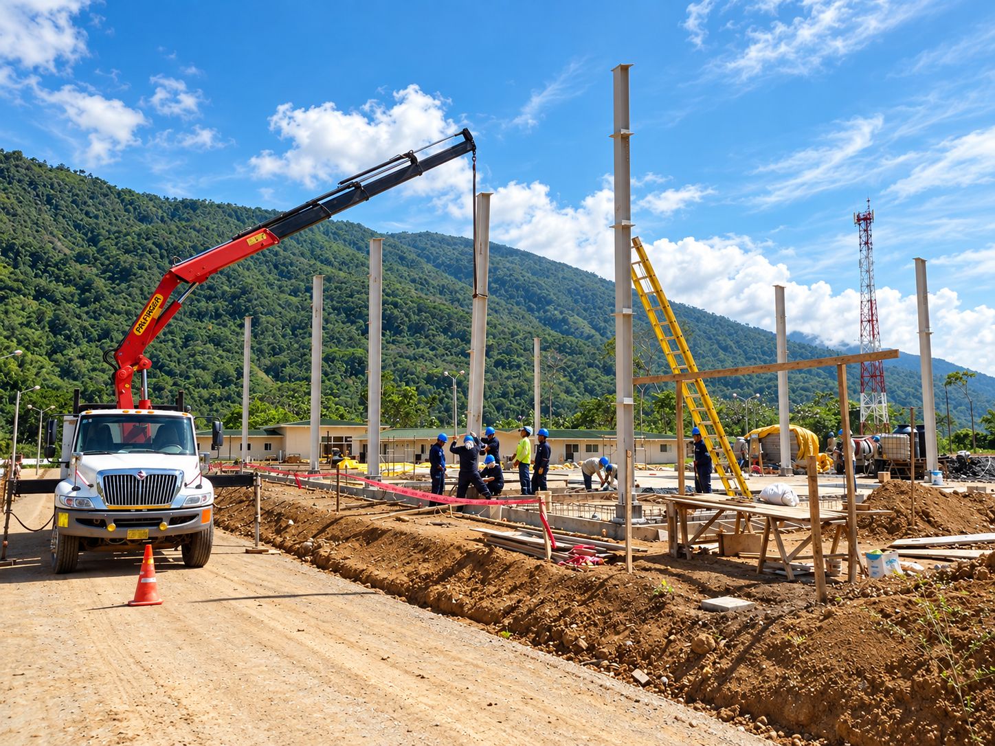 Camión grúa izando una columna en una obra a cielo abierto, con trabajadores con casco en la base.