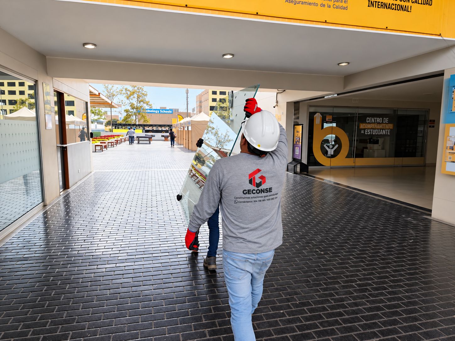 Operario con casco y camiseta de GECONSE trasladando un panel de vidrio por el pasillo techado de un campus educativo.