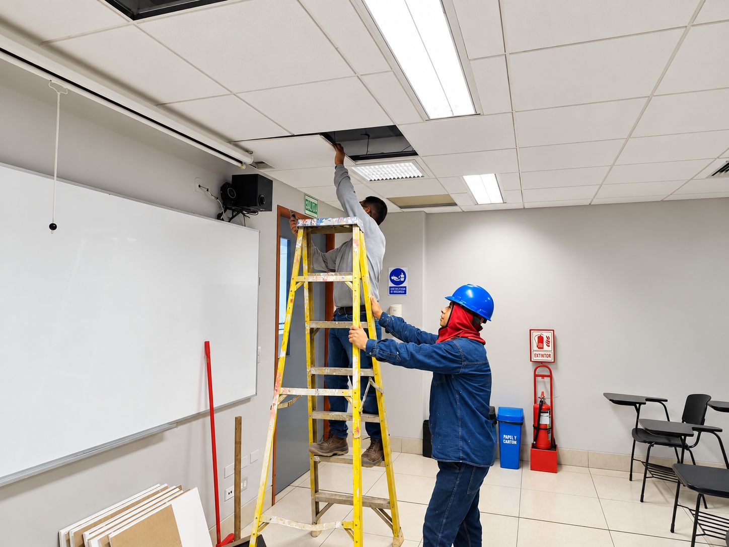 Dos técnicos, uno sobre una escalera, interviniendo el falso cielo raso de un aula.