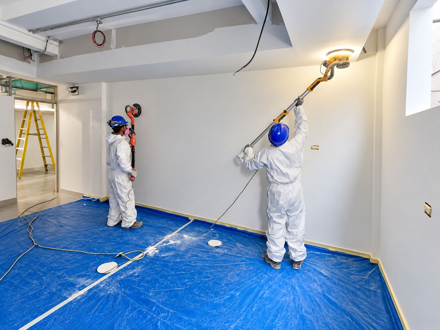 Dos operarios con traje de protección lijando muros y techo de un ambiente interior con el piso protegido.