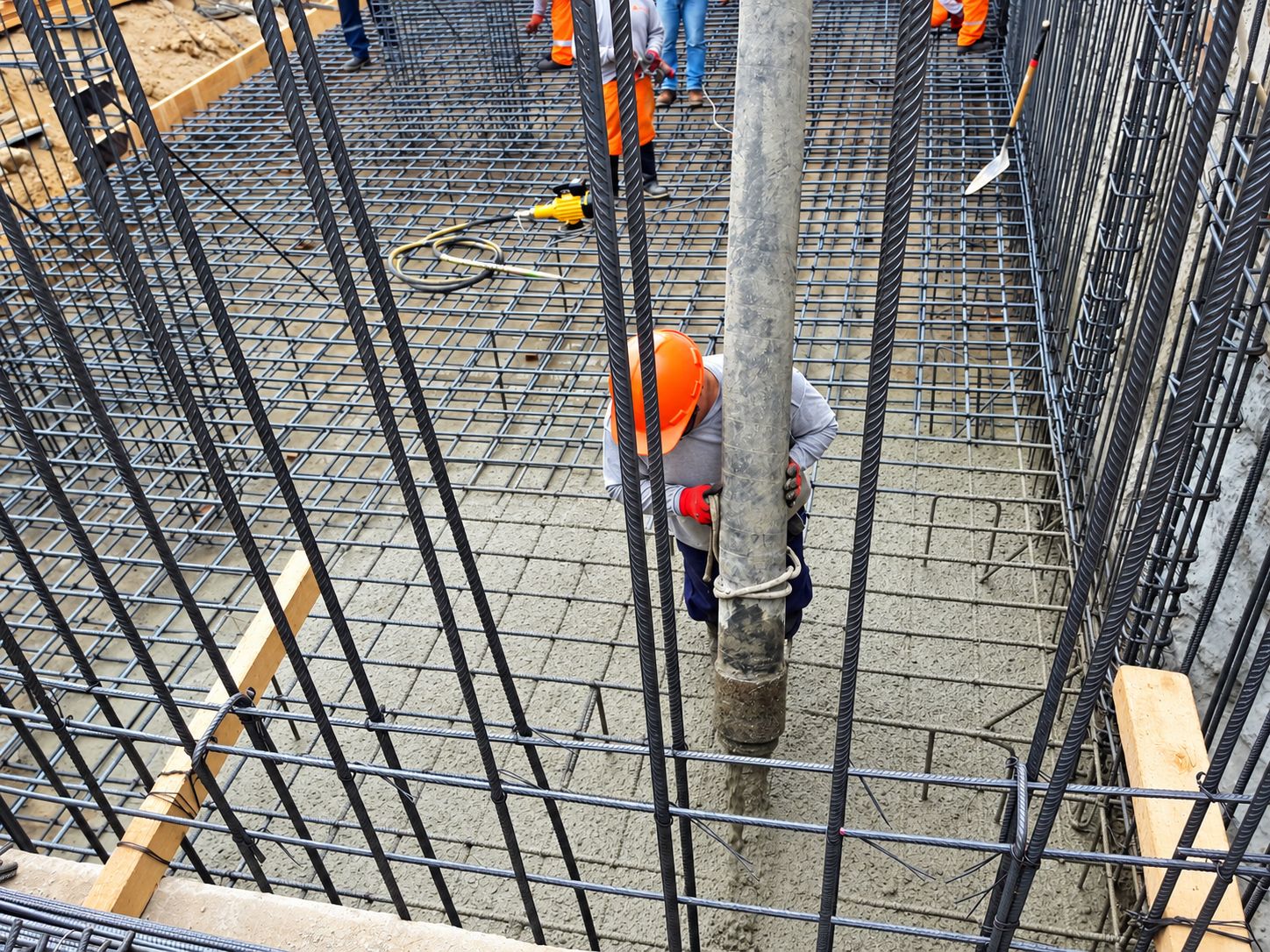Operario con casco guiando la manguera de bombeo de concreto entre armaduras de acero de una cimentación.